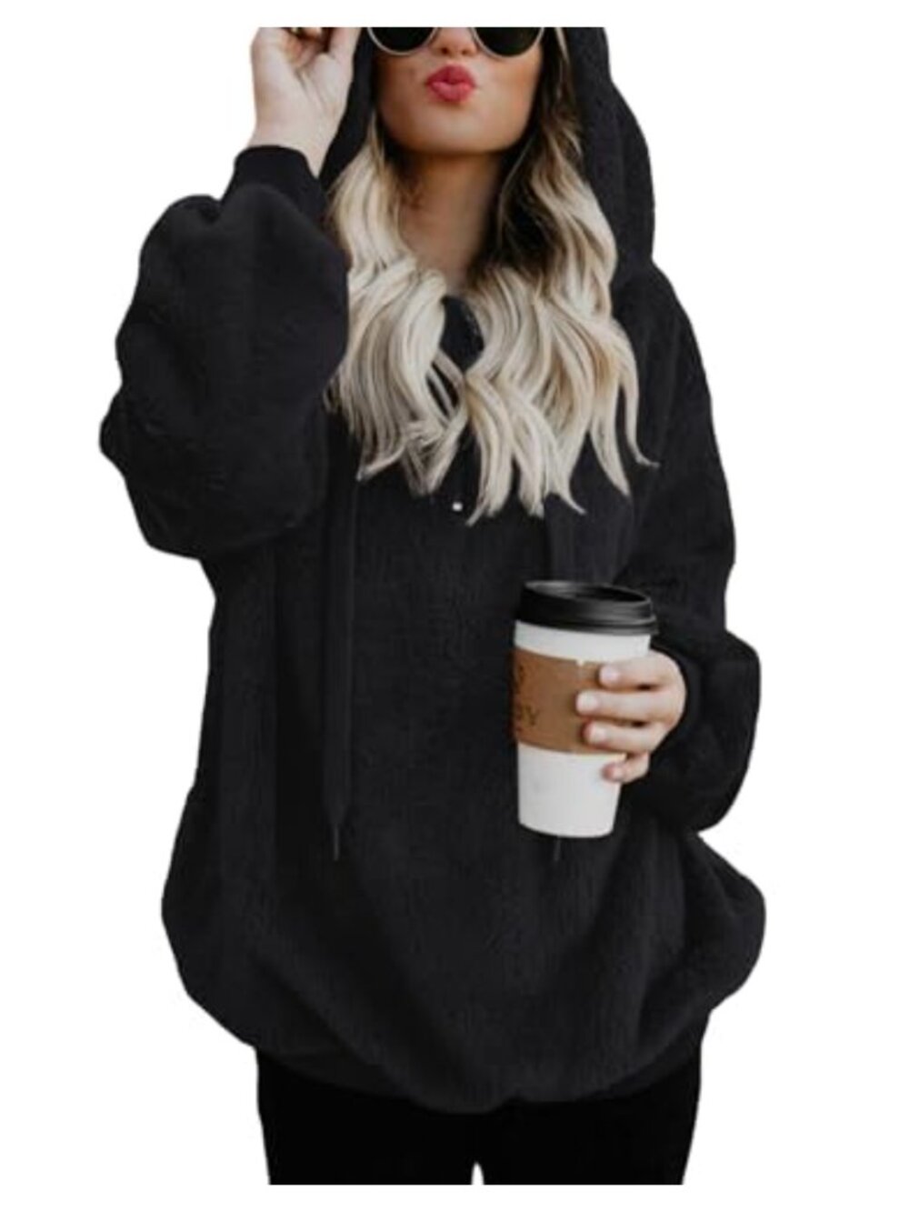 Fuzzy Sherpa Fleece Hoodie Pullover 1/4 Zip Loose Long Sleeve Women